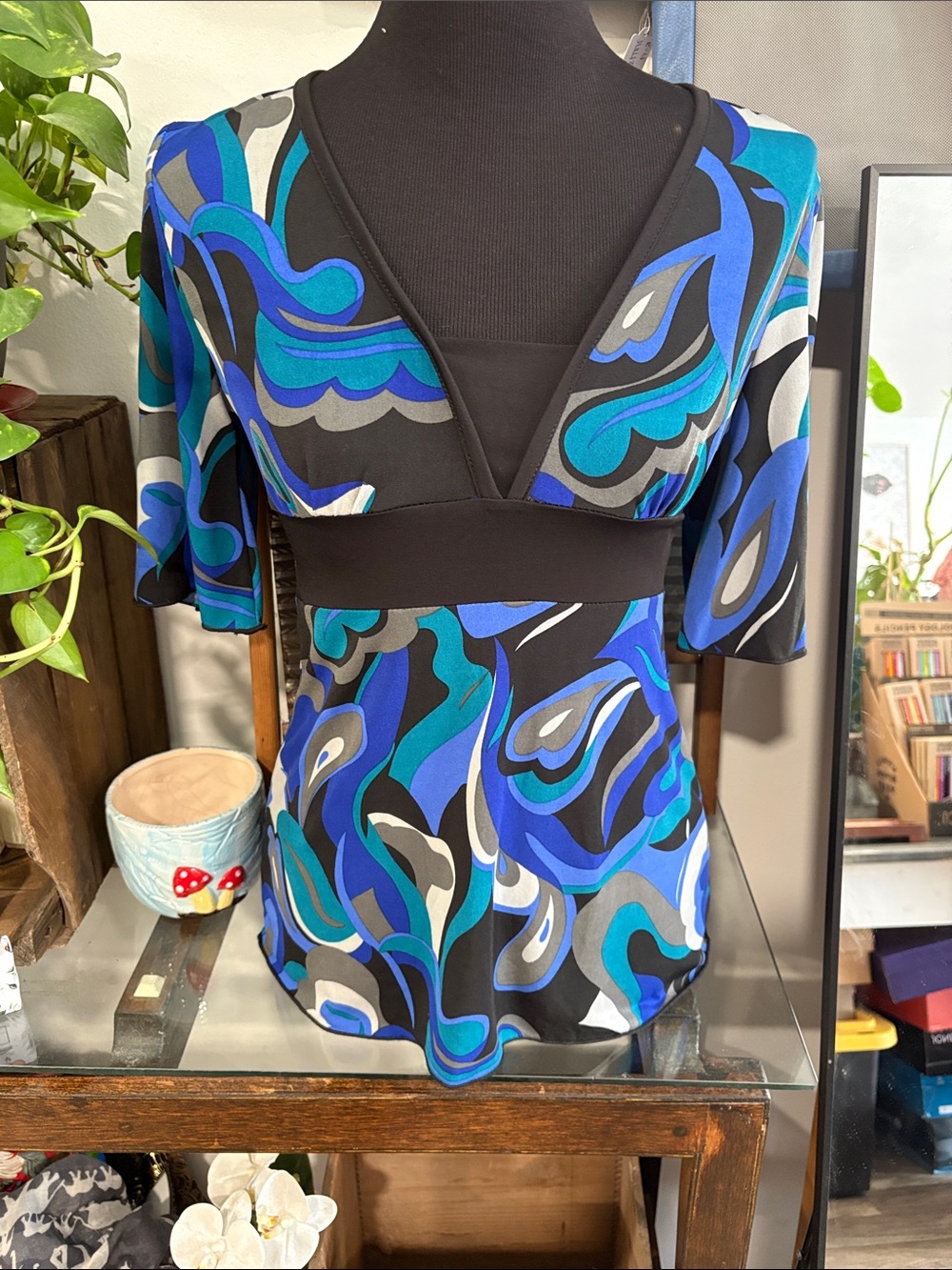 Women’s Blue Patterned V-Neck Empire Waist Top